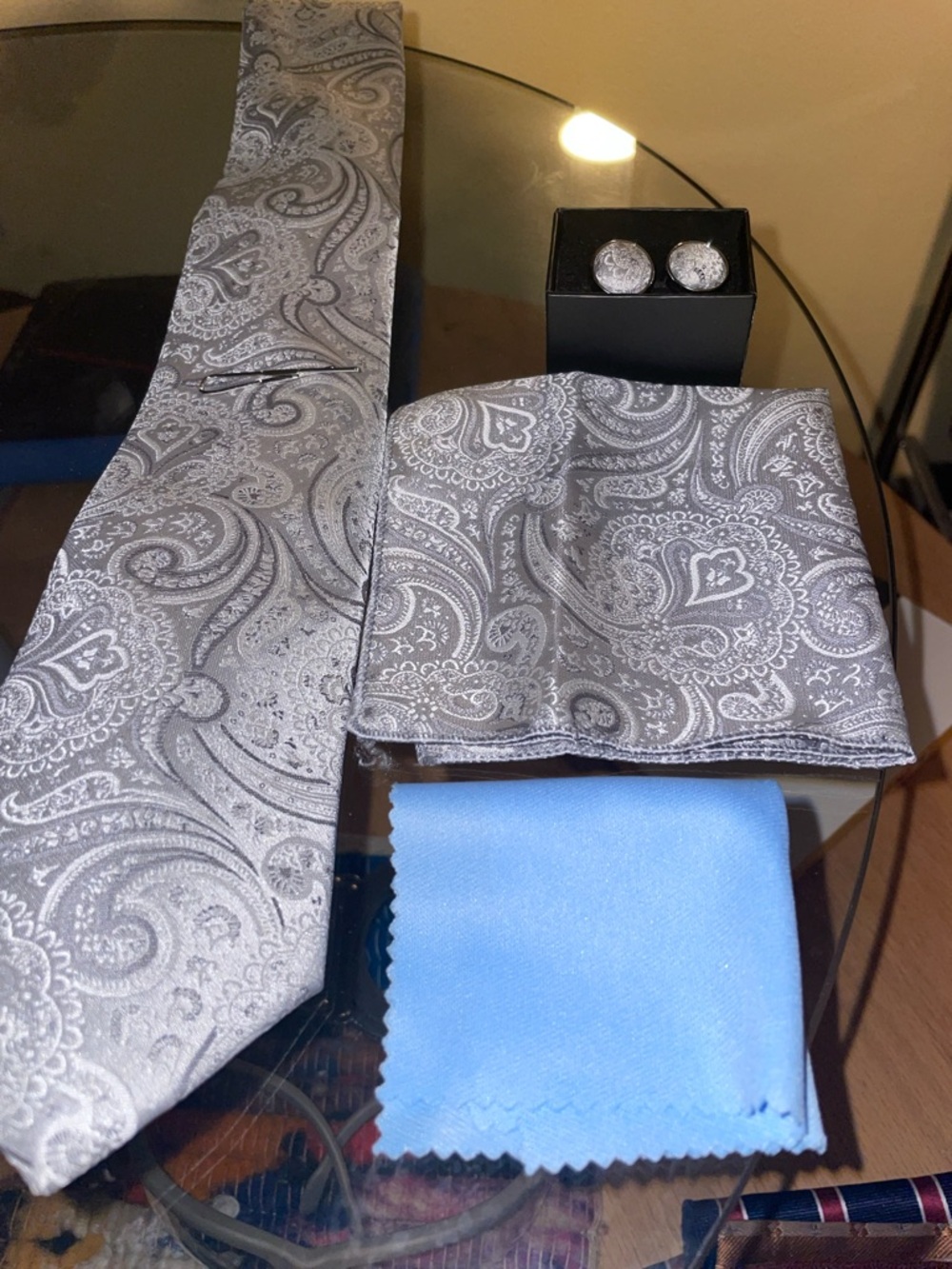 Men's Silver Paisley Tie Set with Pocket Square and Cufflinks
